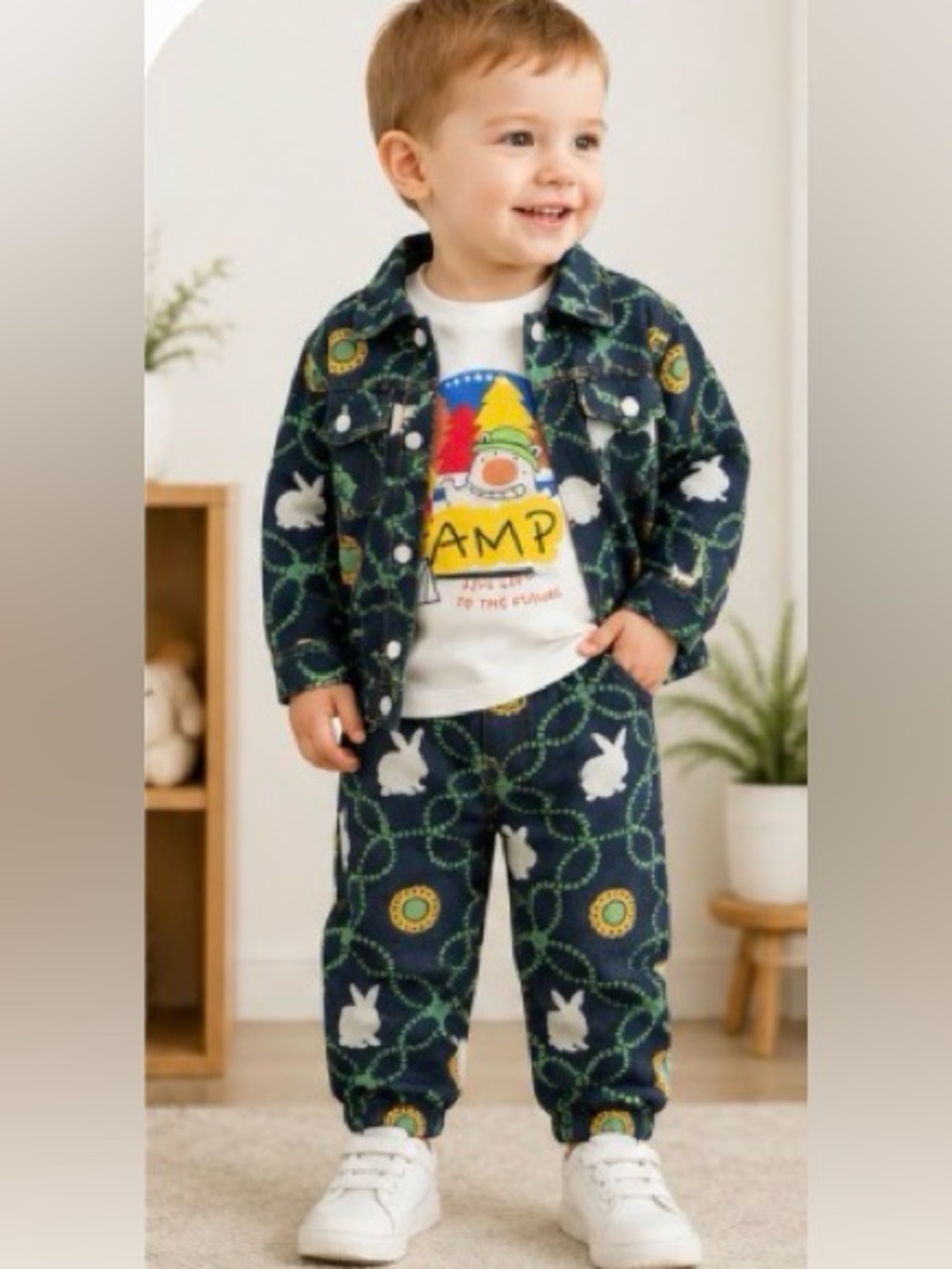 Boys 3-Piece Outfit Set Size 2T Denim Look Jacket Pants Camp Graphic Shirt, NIP